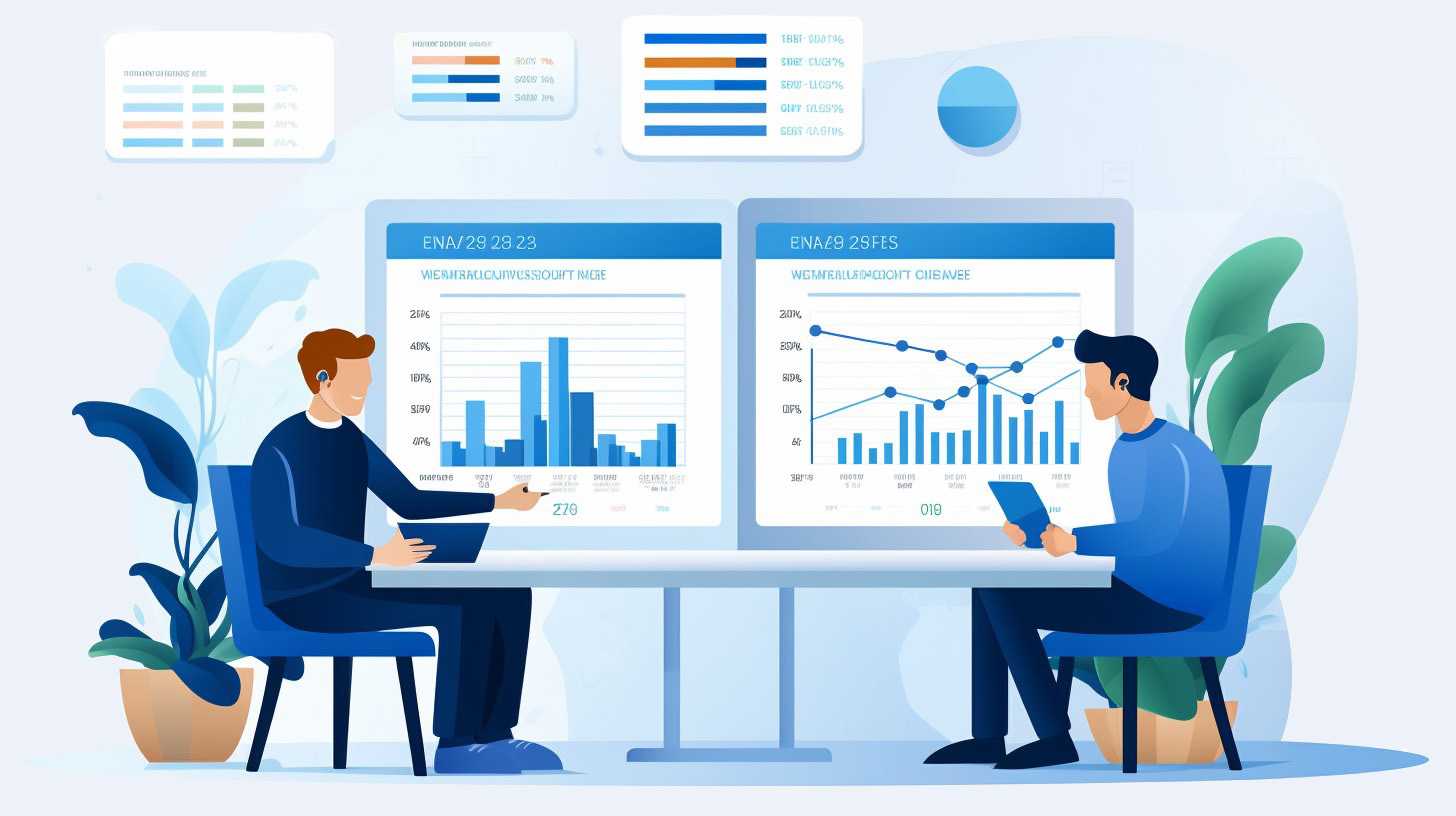 A graphic of two people discussing data.